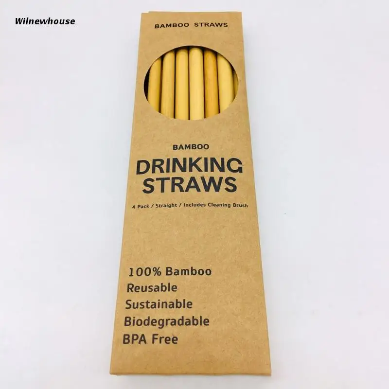 

F63A 12Pcs Natural Eco-Friendly Sustainable Reusable Bamboo Straws with Cleaning Brush Biodegradable Drinking Straw