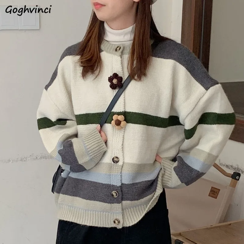 

Vintage Cardigan Women Coats Striped Japanese Style Loose Slouchy Autumn Winter Knitted Preppy Students Floral Sweet Lovely Chic