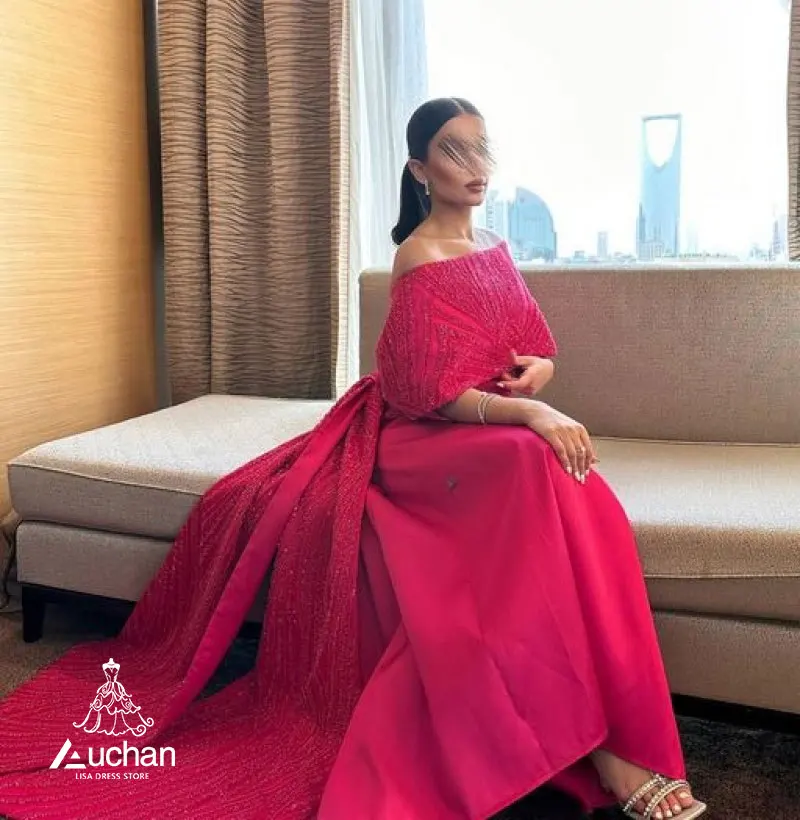 

Auchan Lisa Red Boat Neck Prom Dress Floor Length Shawl Sleeve Summer Elegant Evening Party New Dress Suit For Women 2023