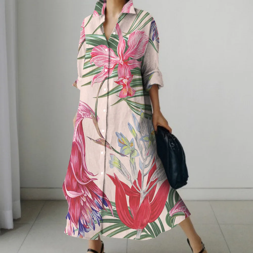 Платье-рубашка с длинным рукавом и принтом листьев