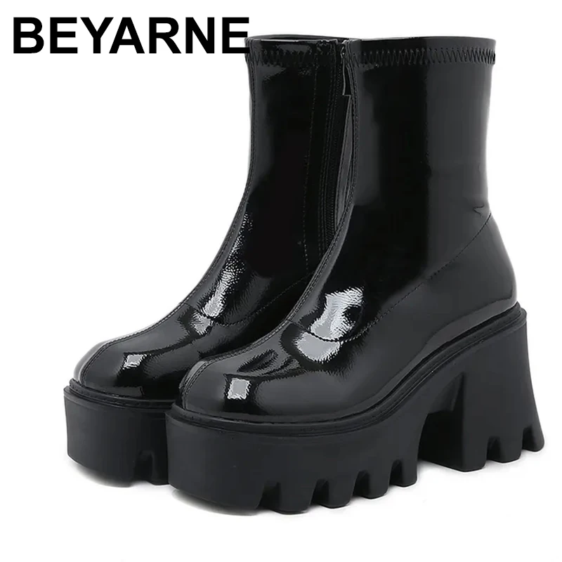 

Black Platform Sock Boots for Women Patent Leather Stretch Chelsea Boots Chunky Women's Mid-calf Boots with Side Zipper