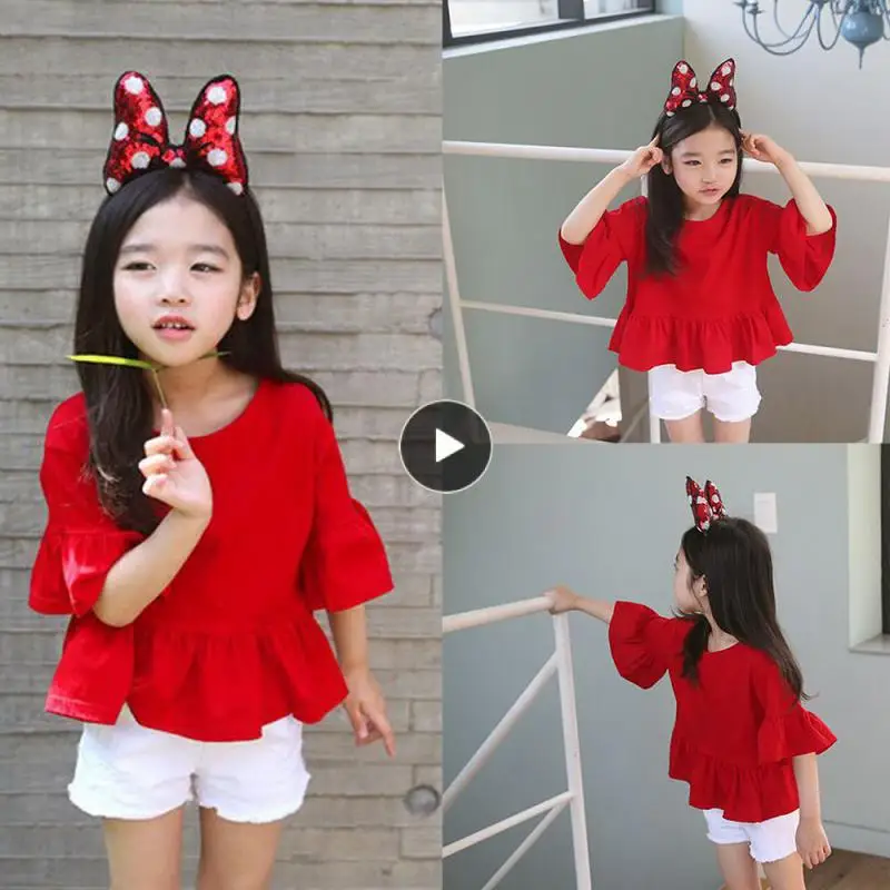 

Fashion kids Children Clothing Tops Girls Korean Summer Spring Red Trumpet Sleeves Shirt T-shirt