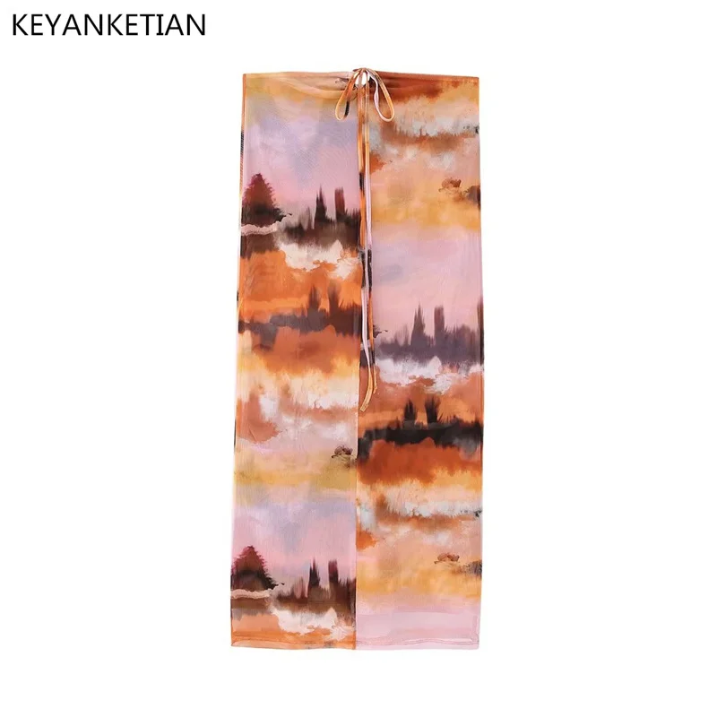 

KEYANKETIAN Summer New Tie-Dye Printed Mesh Gauze Drawstring High-Waisted Half Skirt Retro Style Women Long Straight MIDI Skirt