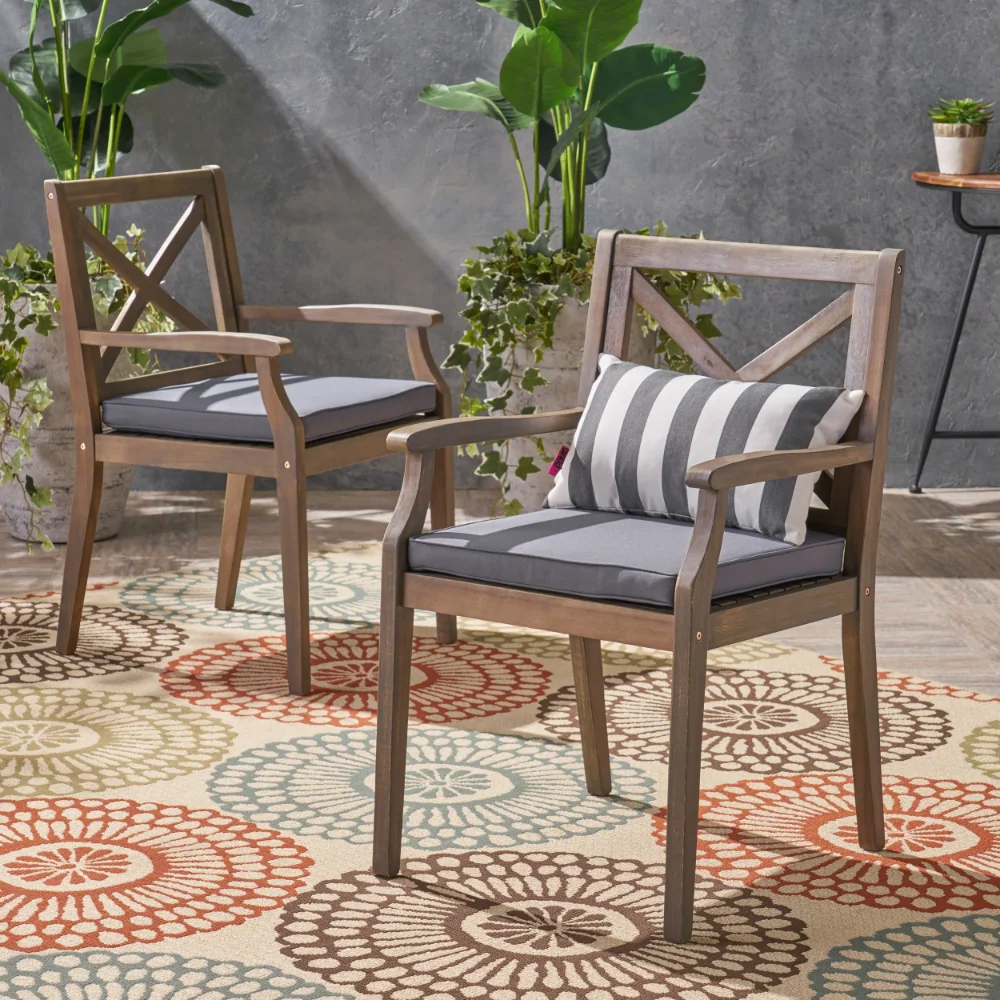 

Outdoor Acacia Wood Dining Chair with Cushions, Set of 2, Grey, Garden Furniture , Outdoor Chair ,Simple and Modern