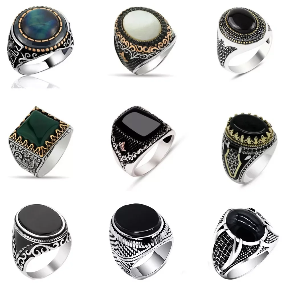 

Styles Vintage Handmade Turkish Signet Ring For Men Women Ancient Silver Color Black Onyx Stone Punk Rings Religious Jewelry