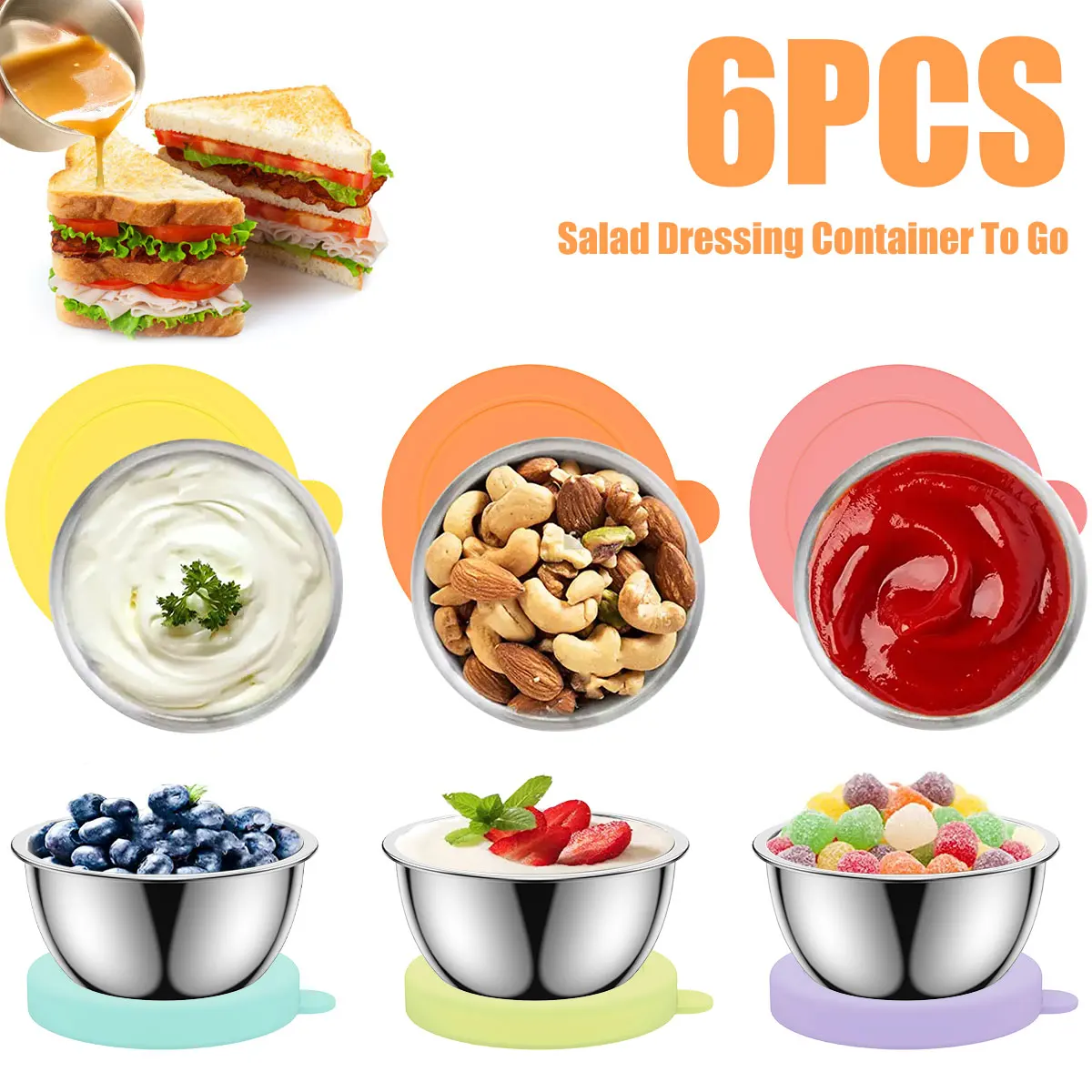 

6Pcs Salad Dressing Container 1.7 oz Reusable Silicone Lid Sauce Dressing Container Leak Proof 304 Stainless Steel Dipping Sauce