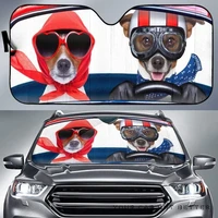 just married jack russel terrier dogs driving car sunshade jack russel terrier wearing heart glasses and headband driving auto