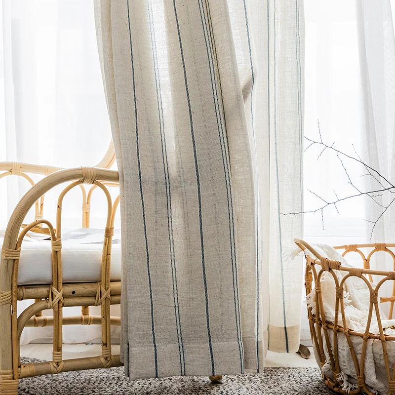 

Japanese style blue stripe linen curtain for bedroom living room curtain tea room stripe linen curtain custom curtain size