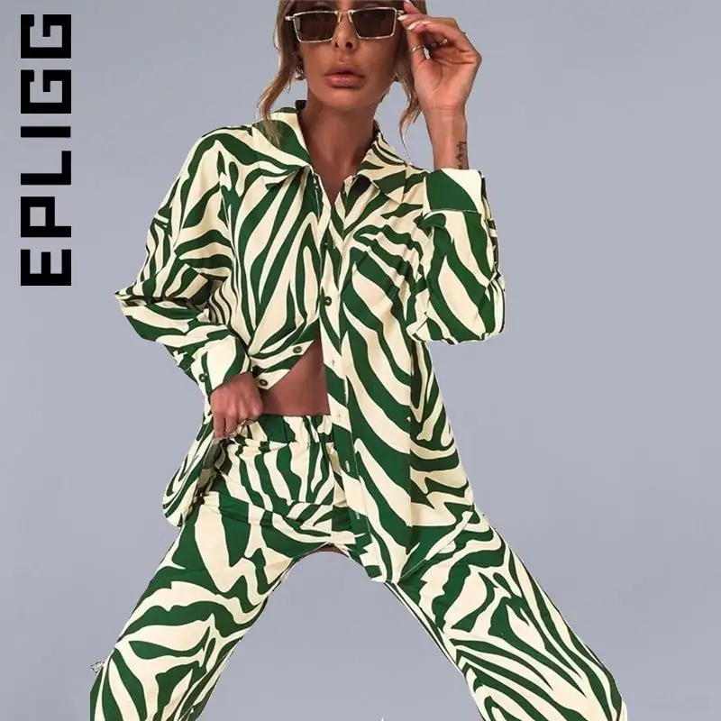 Epligg Fashion Women Set Loose Stripe Shirt Pants Two Piece Set For Women Long Sweatsuits For Women Female