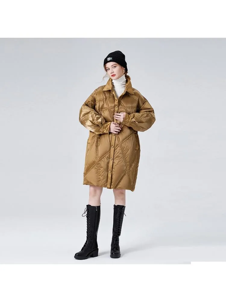 High-End Warmer Bread Jackets Women's 2022 Winter New Fashion Bright Shirt Collar Loose Long Black 90 White Down Coats