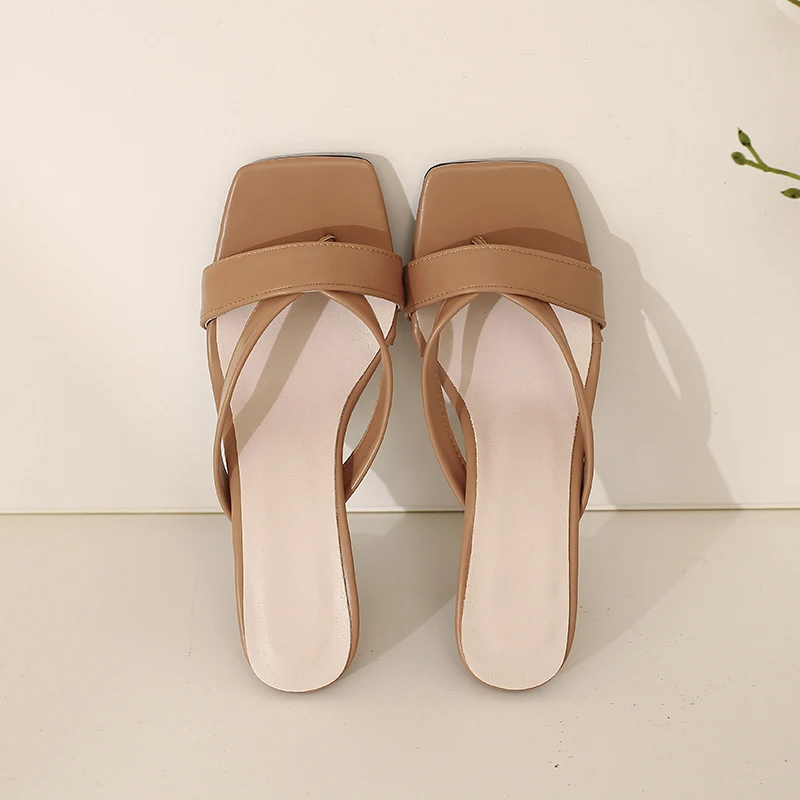 Outside Slippers Women Summer Fashion Concise Pu Leather Rubber Sole Adult Thin High Heels Slides Plus Size 43 Shoes White Black