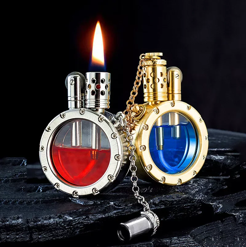 

Handmade Pure Copper Kerosene Lighter Transparent Visible Oil Tank Round Collection Antique Men's High-end Smoking Gift