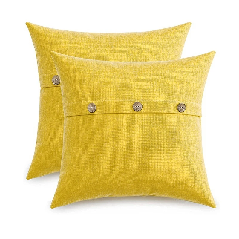 

2Pc Baby Yellow Square Pillow Covers 18X18Inch Farmhouse Linen Pillow Covers with Coconut Buttons for Sofa Couch Decor
