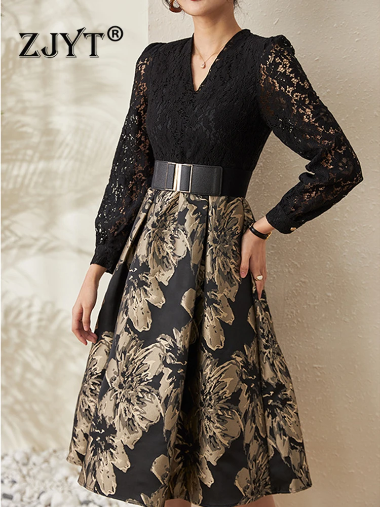 

ZJYT Мода 2023 Новинка весеннее кружевное лоскутное цветочное жаккардовое платье женское с длинным рукавом V-образным вырезом винтажное вечерн...