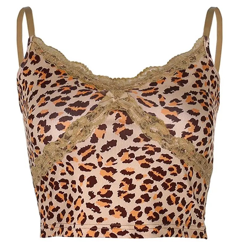 

Women Spaghetti Strap V-Neck Crop Top Lace Patchwork Backless Leoaprd Camis Vest