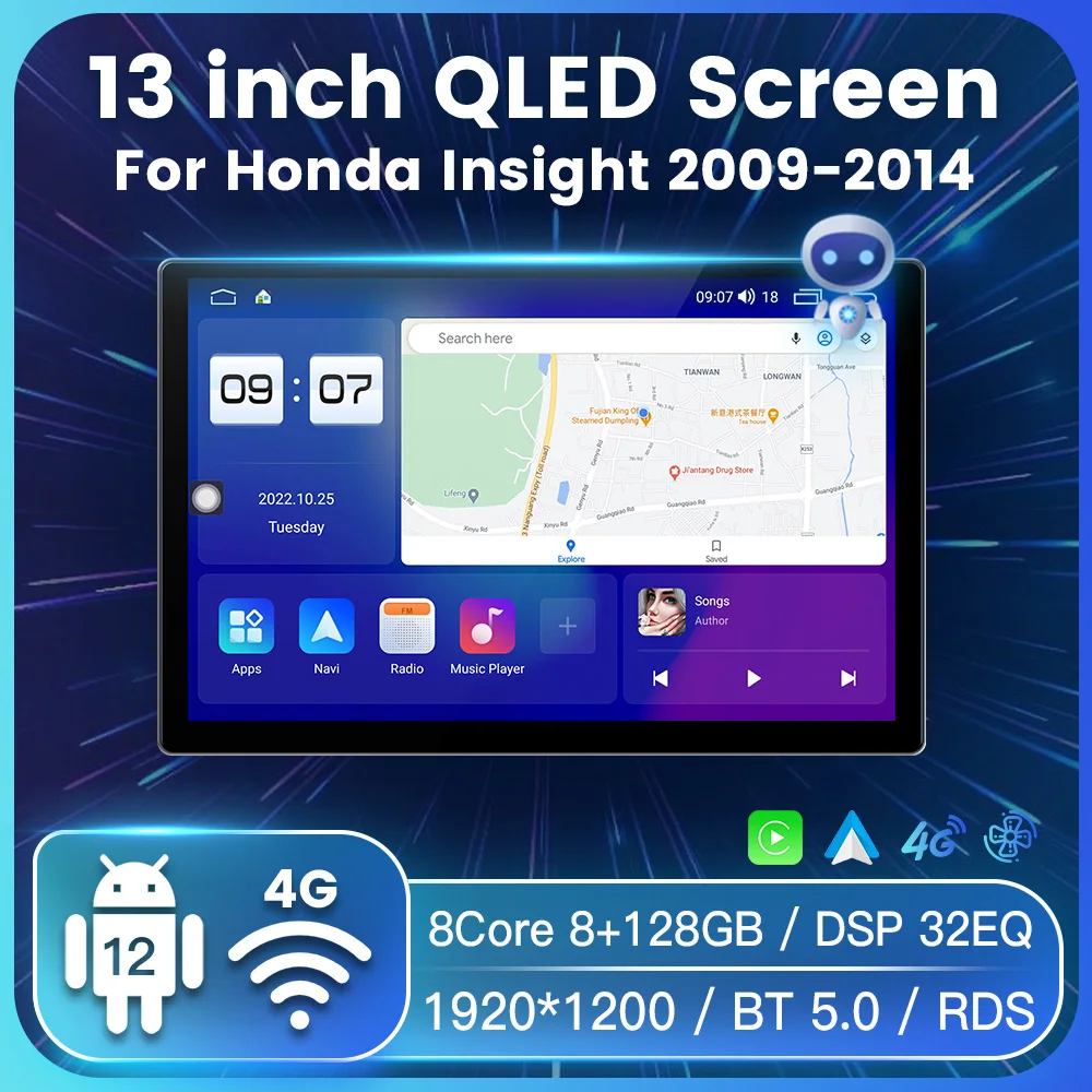 

13-дюймовый QLED Android 12 Carplay, двойной Din Автомобильный мультимедийный радиоплеер для Honda вщик 2009-2014, GPS-навигатор, охлаждающий вентилятор