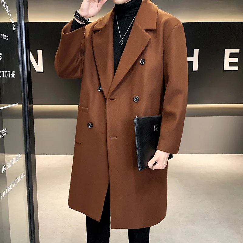 

2023 Men's Autumn Winter Mid Length Woolen Coat New Korean Tide Black Thickned Overcoat Long Sleeve Double-breasted Jackets 3XL