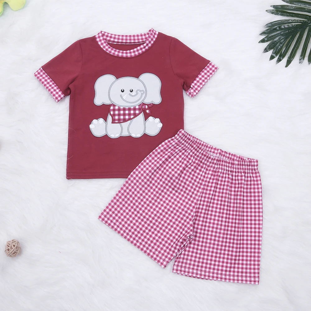 

Summer Shorts Babi Boy Clothes Cotton Clothes Set Elephant Embroidery T-shirt Lattice Leisure Sport 2pcs Children Suit