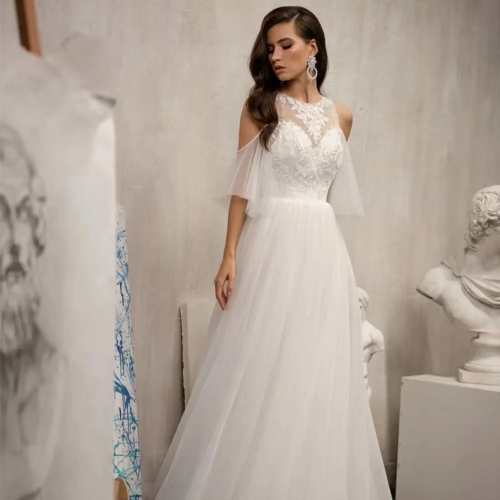 

A-Line Wedding Dress For Bride 2022 O-Neck Off The Shoulder Sleeveless Bridal Gown Lace Appliques Boho Illusion Vestido De Novia