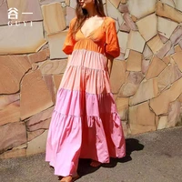 2022 summer new european and american womens splicing v neck sweet solid color layered dress