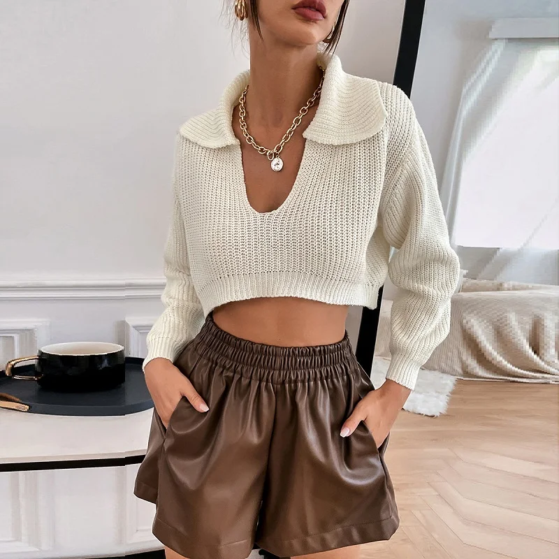 

Женские укороченные толстые свитеры, зимние топы, вязаные пуловеры, однотонный пуловер с лацканами и длинными рукавами, свитер, новинка 2022