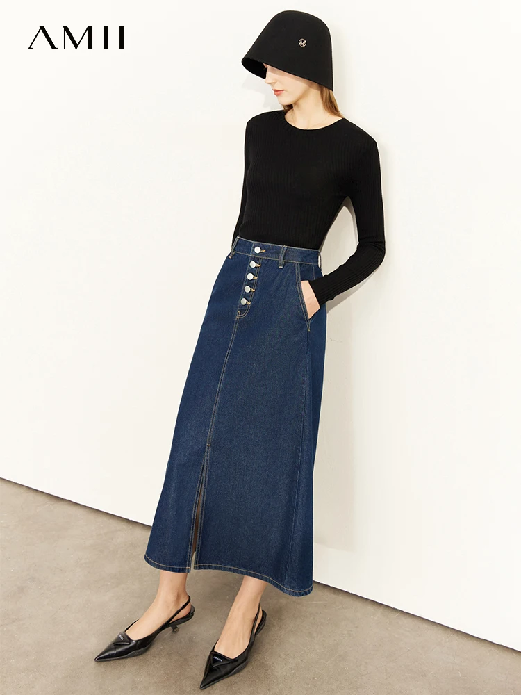 

AMII Minimalism Woman Denim Skirts 100% cotton Office Lady Long Skirts Aline Retro Solid Split Jean Skirts for Women 72240103