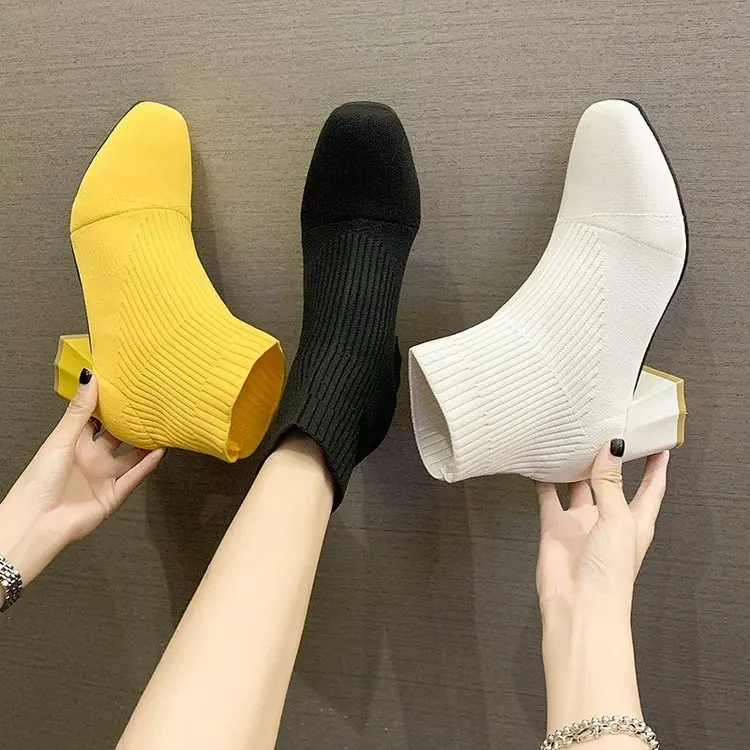 

Stretch Sock Boots For Women Shoes Square Heel Yellow Knitting shoes Elastic Cottton Boots Lady Footwear