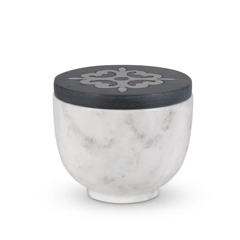 

White marble medium canister with gray-washed metal-inlay lid