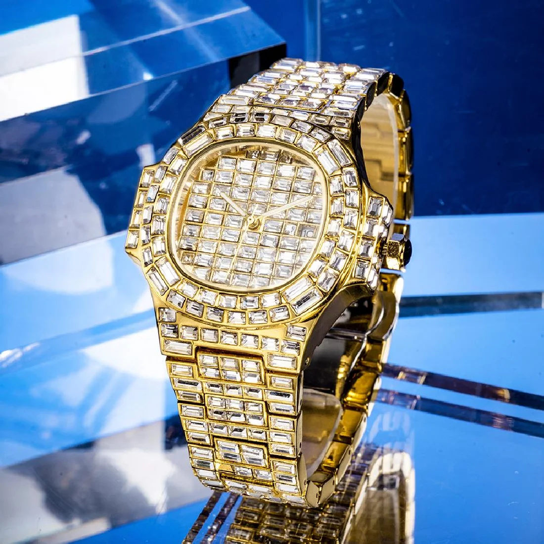 

Top Hip Hop MISSFOX Mens Watches Baguette AAA Diamond Luxury Iced Out Full Steel Quartz Luminous Gold Bling Male Jewelry Clocks