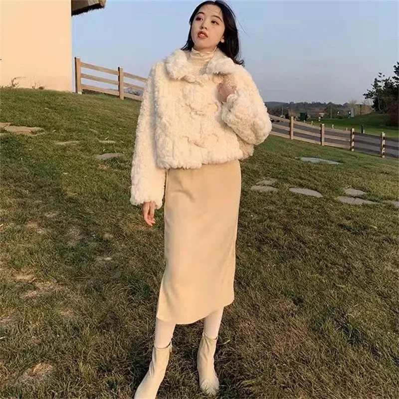 Women Stand-up Collar Short Fur Coat Women Korean Imitation Rex Rabbit Fur All-match Casual Winter Long-Sleeved Loose Thick Coat