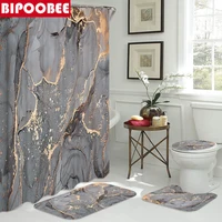 Crack Texture Luxury Grey Marble Shower Curtains Bathroom Curtain Set Bath Mat Pedestal Non-Slip Rug Toilet Cover Home Decor