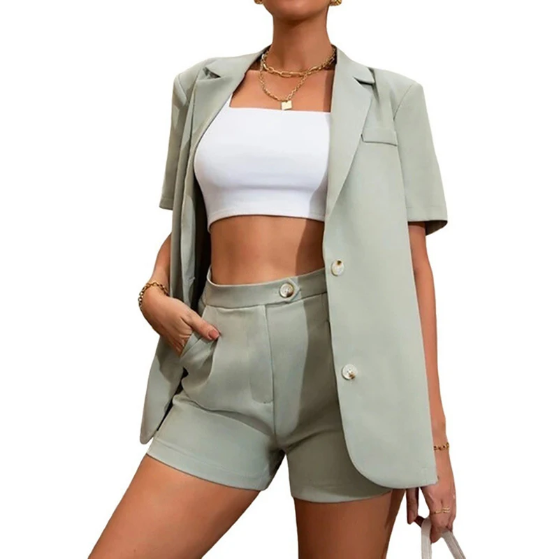 

Women's 2022 Summer Fashion Casual Temperament Commuter Suit Solid Color Suit Jacket High Waist Shorts Two Piece Set SJ338