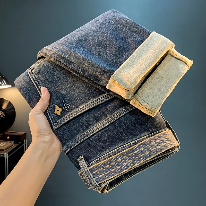 Зимние флисовые теплые джинсы мужские утолщенные повседневные трендовые узкие