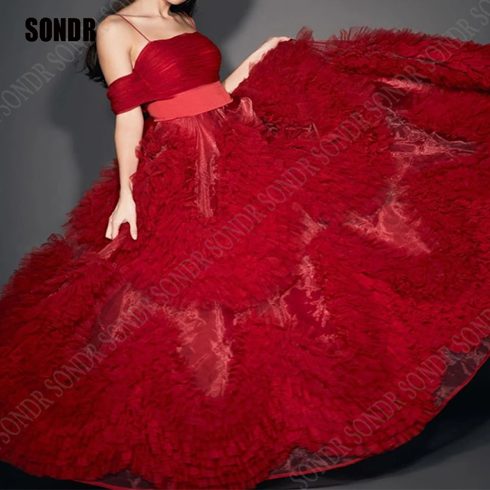

Элегантные Красные кружевные тюлевые вечерние платья-трапеции SONDR с открытыми плечами, элегантные индивидуальные платья с рюшами для выпускного вечера, официальное платье