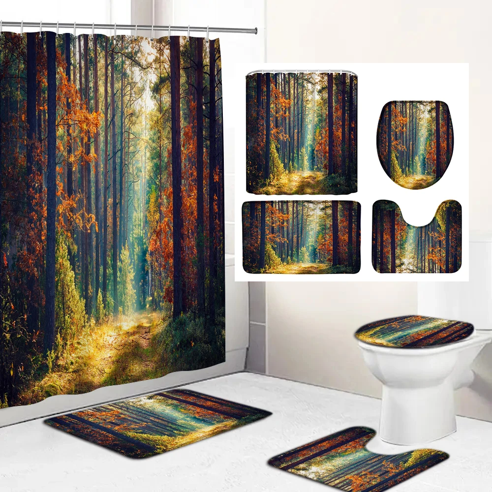 

Forest landscape Printed Shower Curtain Natural Scenery Waterproof Bathroom Curtains Home Decoration Non-Slip Rugs Bath Mat Set