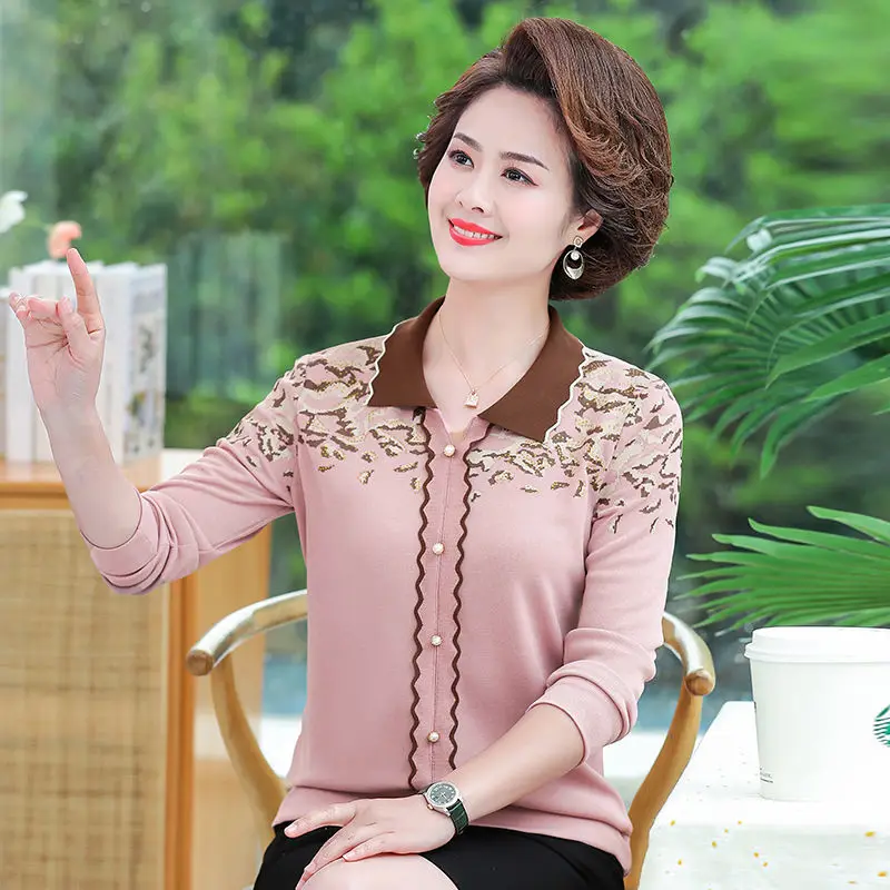 

Spring Autumn Mother's New Long-sleeved Floral Top Bottoming Shirt Middle-aged Women's Turn Down Collar T-shirt Blouse XL-5XL