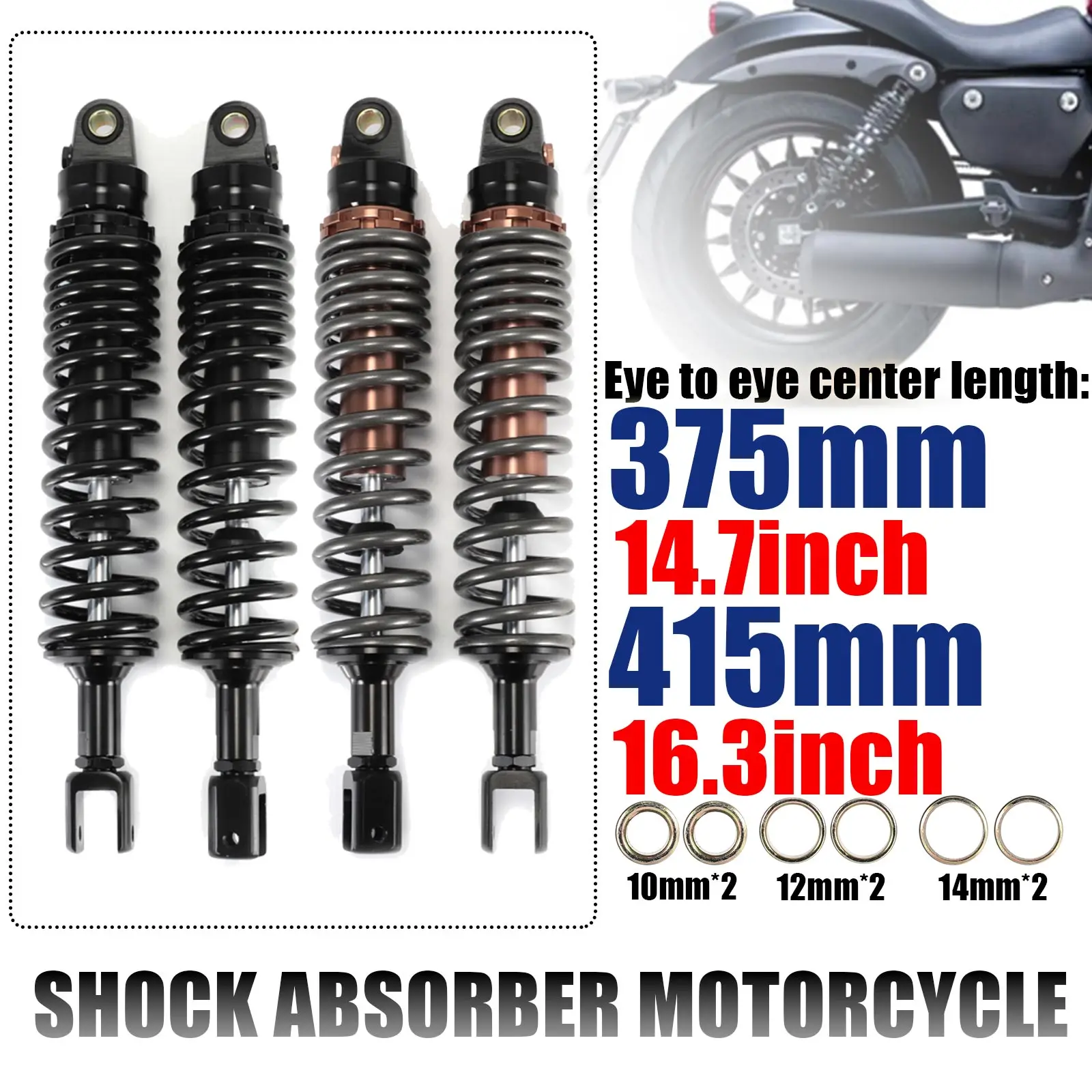 

375mm 415mm Frok Head Moto Bike Motors Scooter Shock Absorber Motorcycle Rear Suspension Bumper Damping Lowering Kits Spring 8mm