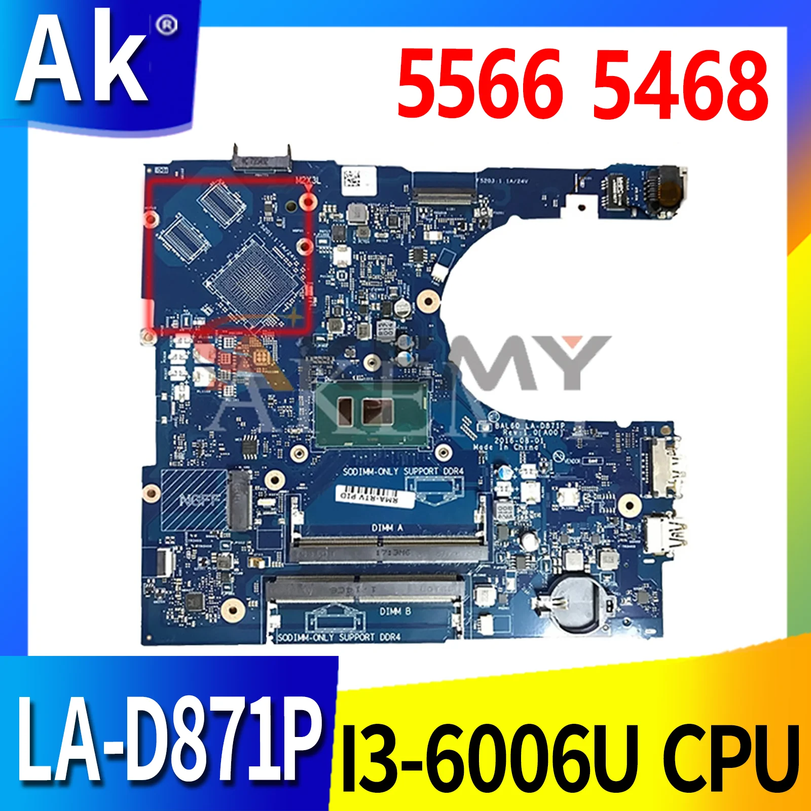 

for Dell inspiron 5566 5468 Laptop motherboard 0KCKCP 0DPC8T CN-0DPC8T LA-D871P I3-6006U SR2UW