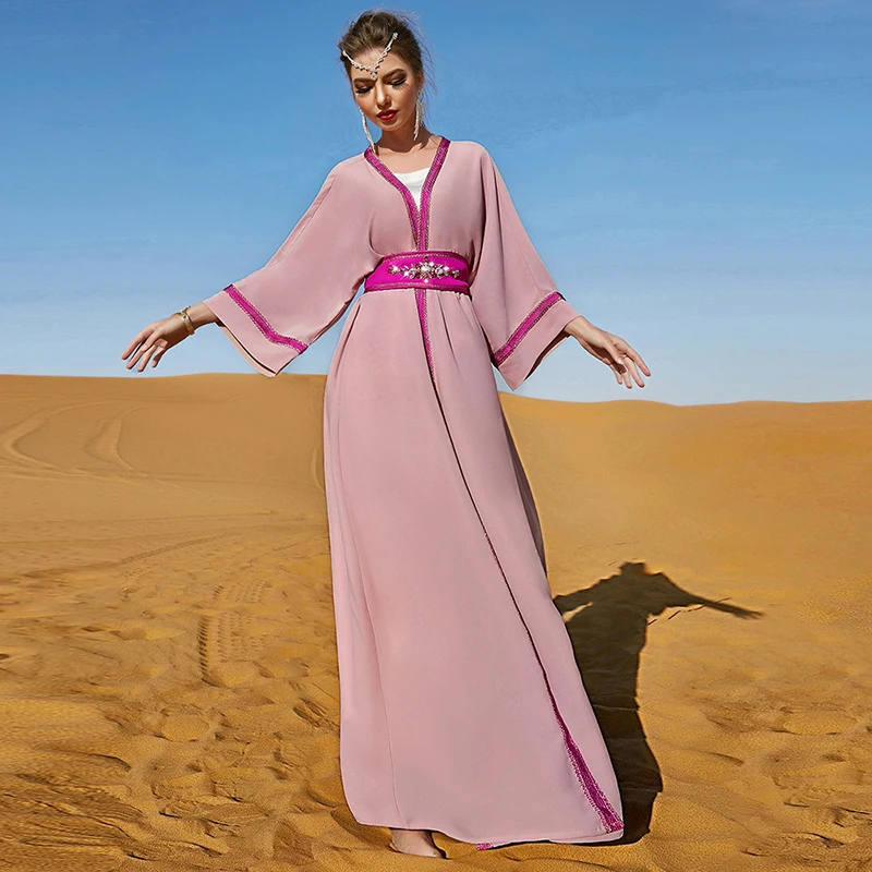 Women Open 2 Piece Abaya Set Dress Pink With Diamonds Belt Solid Color Long Sleeve Maxi Muslim Ramadan Eid Dubai Turkey Dresses