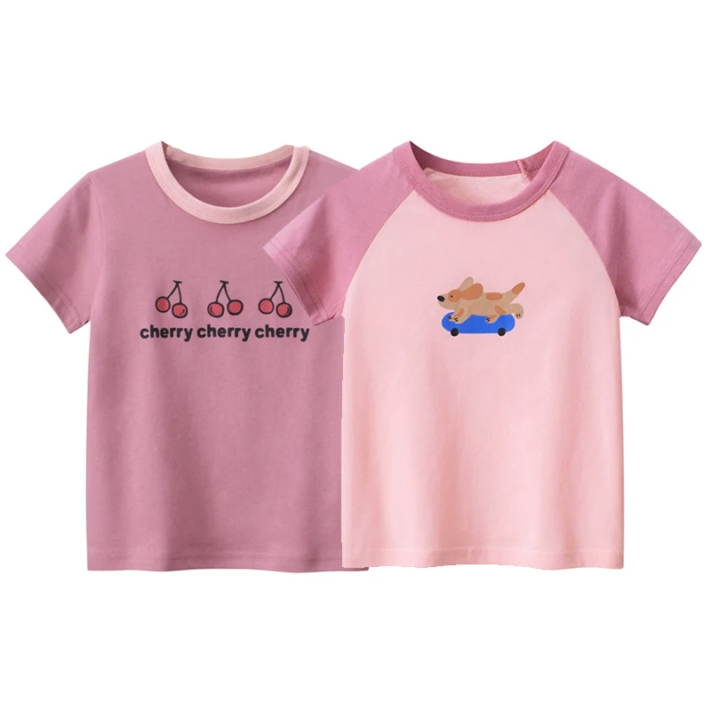 

2Pcs Cotton Toddler Girls T-shirts Summer Children's Short Sleeve Cartoon Tops Kids Fashion Letter Print O-neck Shirts 2-8 Years