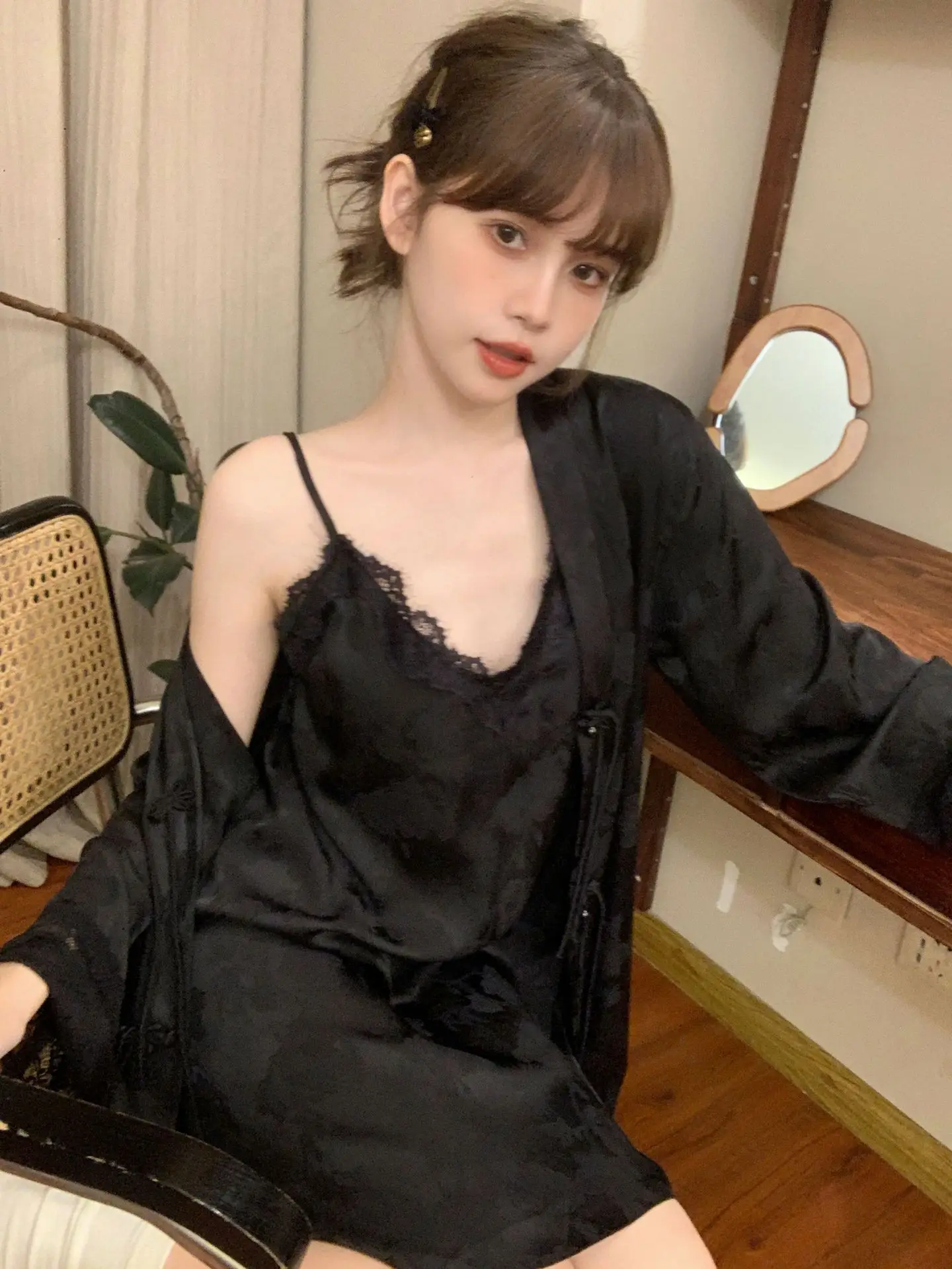 Жаккардовый атласный кардиган в китайском стиле с длинными рукавами и