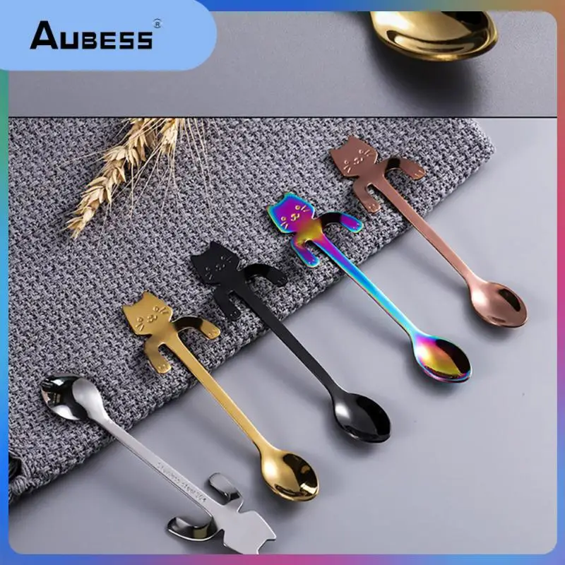 

coffee spoon Mini 304 Stainless Steel Cartoon Cat Spoon Long Handle Flatware Coffee Drinking Tools Kitchen Gadget