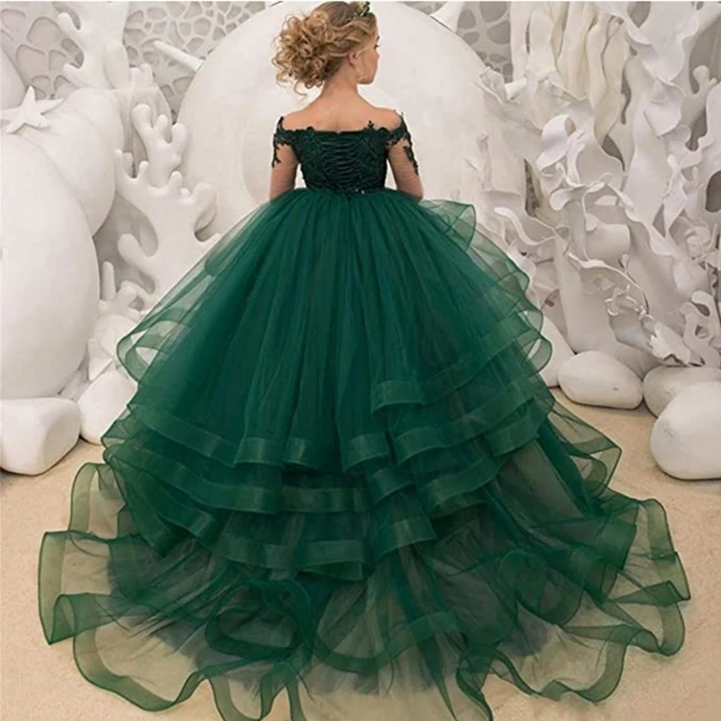 

Elegant Flower Girl Dresses Champagne Lace Appliqué Sleeveless Cascading Kids Pageant Gowns For Weddings First Communion Dresses
