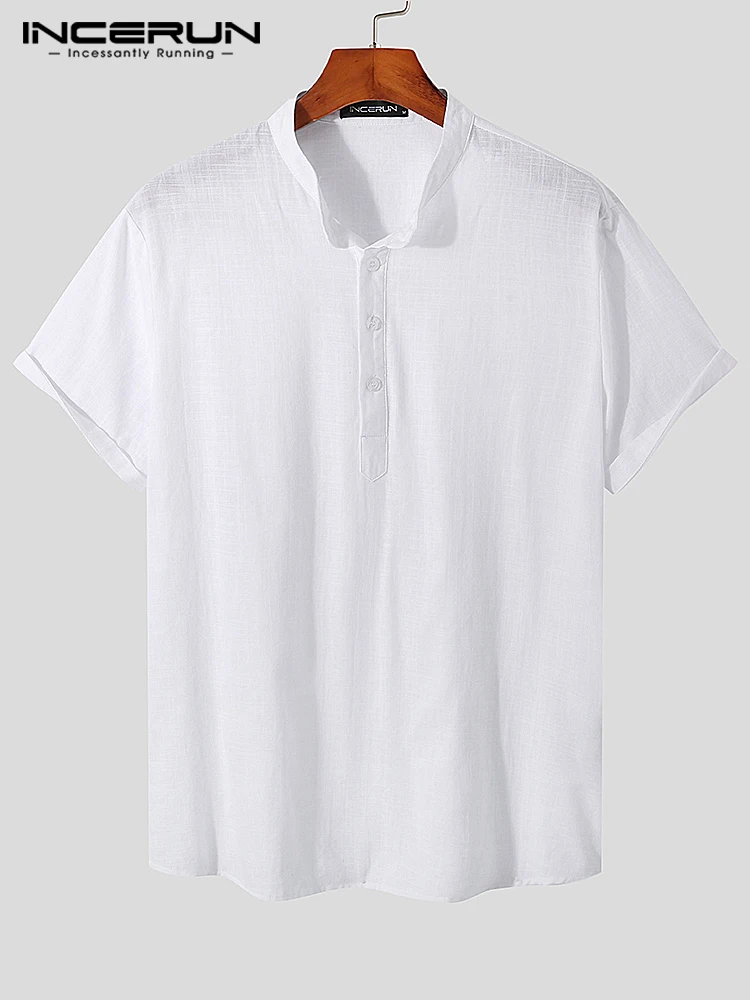 

INCERUN 2022 Summer Men Shirt Solid Color Cotton Stand Collar Short Sleeve Retro Casual Shirts Harajuku Streetwear Men Clothing