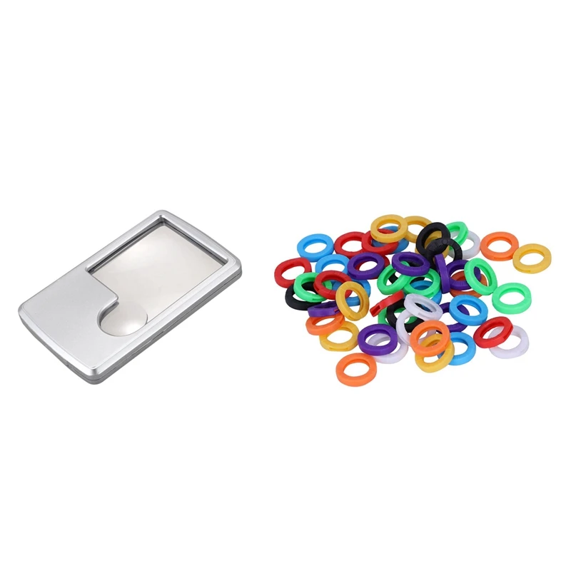 

1X Silver Tone Shell LED Illuminated Magnifying Glass Pocket Magnifier 3X 6X & 50PCS ID Identify Key Ring Cap Tag