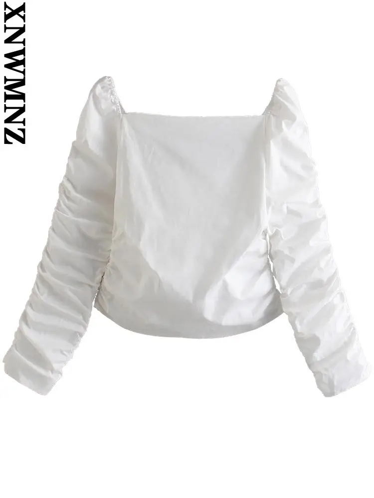 

XNWMNZ женский укороченный топ 2022 модные французские складки тонкие укороченные блузки белый квадратный воротник пышные рукава женские рубаш...