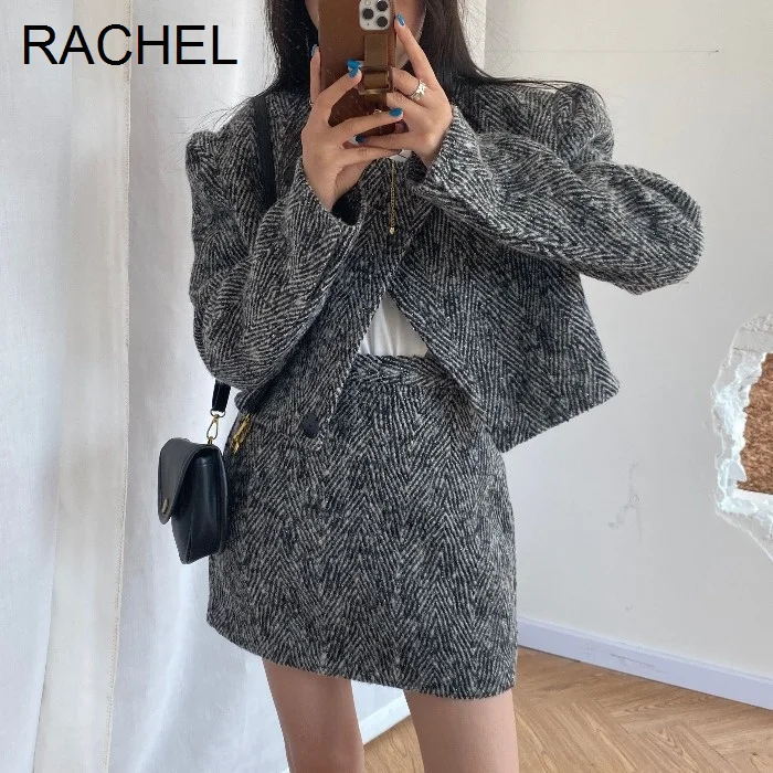 

Design Sense Short Coat Autumn Fashion Suit High Waist Wrap Hip Skirt Two Piece Set Women Rac