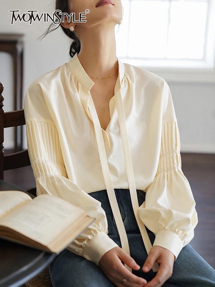 

Женская блузка со шнуровкой TWOTWIN, Повседневная Свободная рубашка с воротником-стойкой и пышными рукавами, на лето