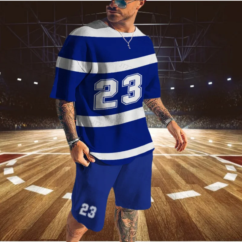 Basketball Sportswear 23Number Jogger Suit Summer Man Short Sleeve T-Shirt 2-Piece Oversized Tracksuit Outfit Street Pant Set