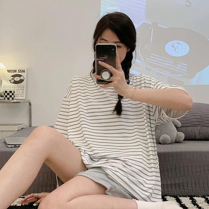 CAIYIER Cute Girls Pajama Set O-Neck Stripe Short Sleeve Shorts Sleepwear Leisure Ladies Elegant Soft Nightwear Pyjama Home Suit
